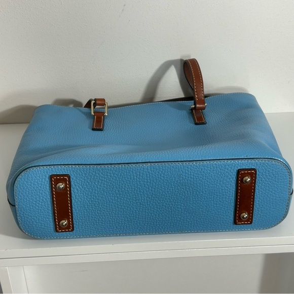 Dooney & Bourke Blue Pebbled Leather Tote with Brown Straps And Red Lining - Picture 2 of 16
